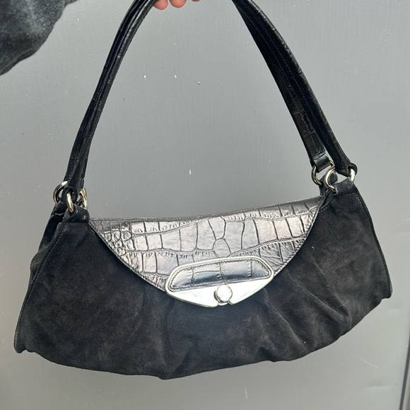 Vintage Furla Black Suede And Emboseed Crocodile Leather Shoulder Bag - Picture 6 of 14